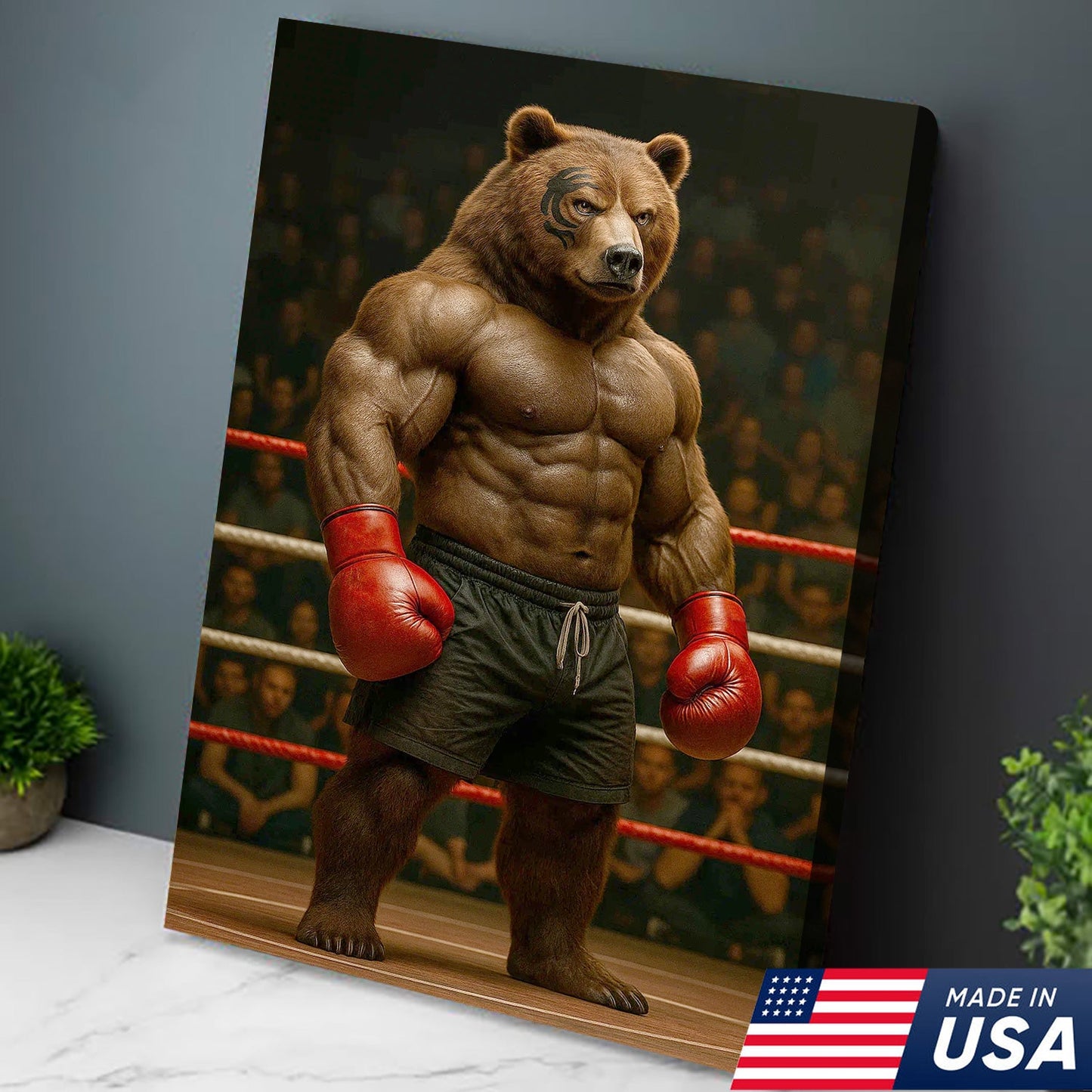Boxing Bear Canvas Wall Art, Muscular Fighter in Red Gloves, Gym & Man Cave Decor