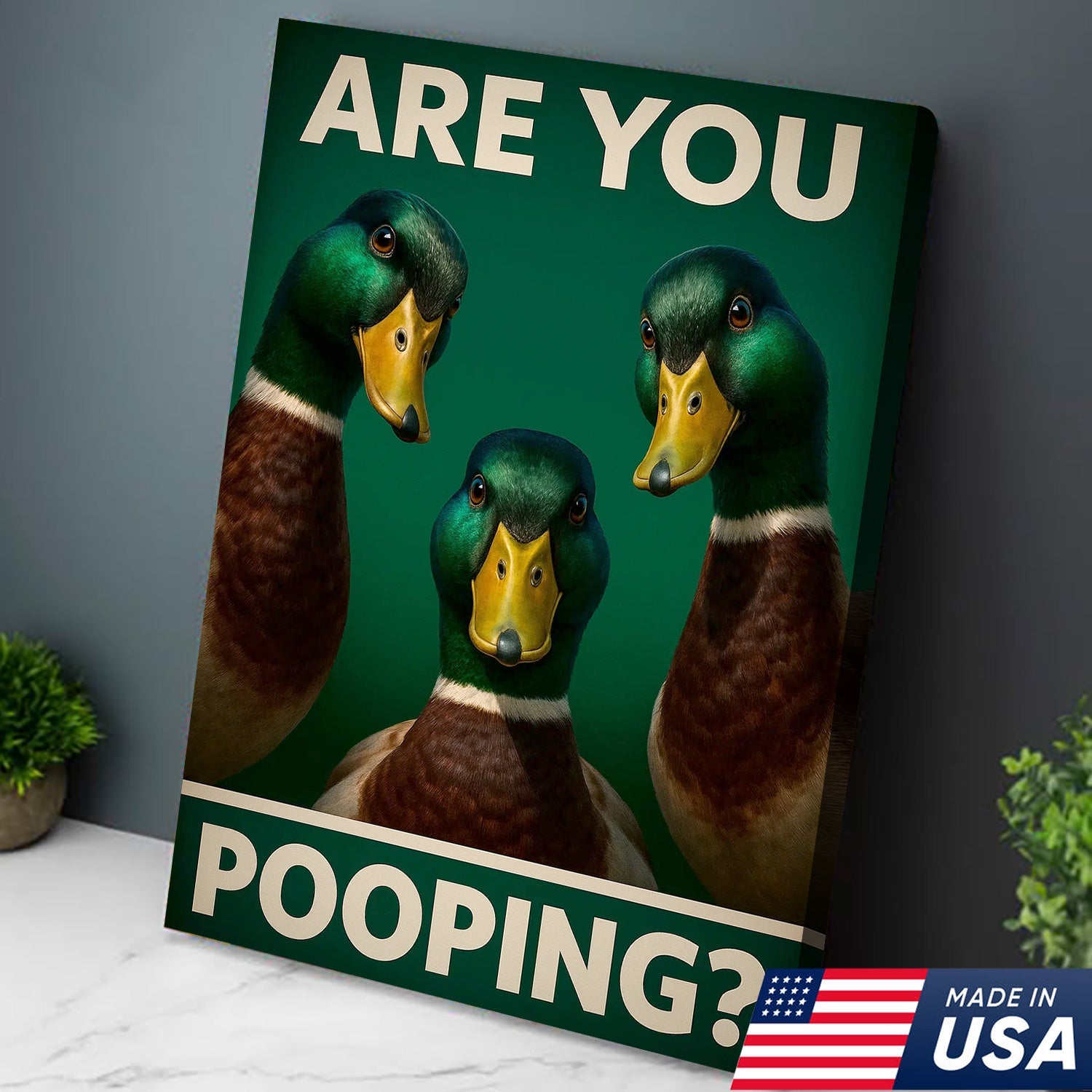 Funny Duck Bathroom Canvas Wall Art – Mallard Humor Decor – Rustic Lodge or Cabin Gift