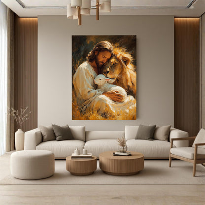 Jesus Lion and Lamb Canvas Wall Art Christian Home Decor