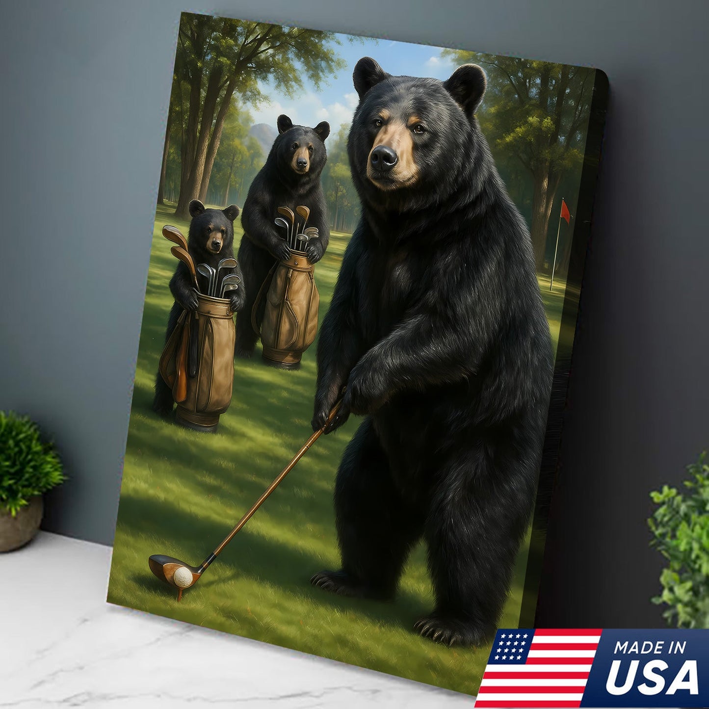 Funny Bear Golf Canvas – Rustic Cabin Wall Art Gift for Hunters, Golf Lovers & Man Caves