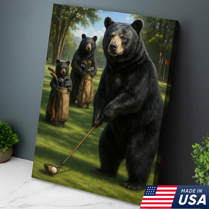 Funny Bear Golf Canvas – Rustic Cabin Wall Art Gift for Hunters, Golf Lovers & Man Caves