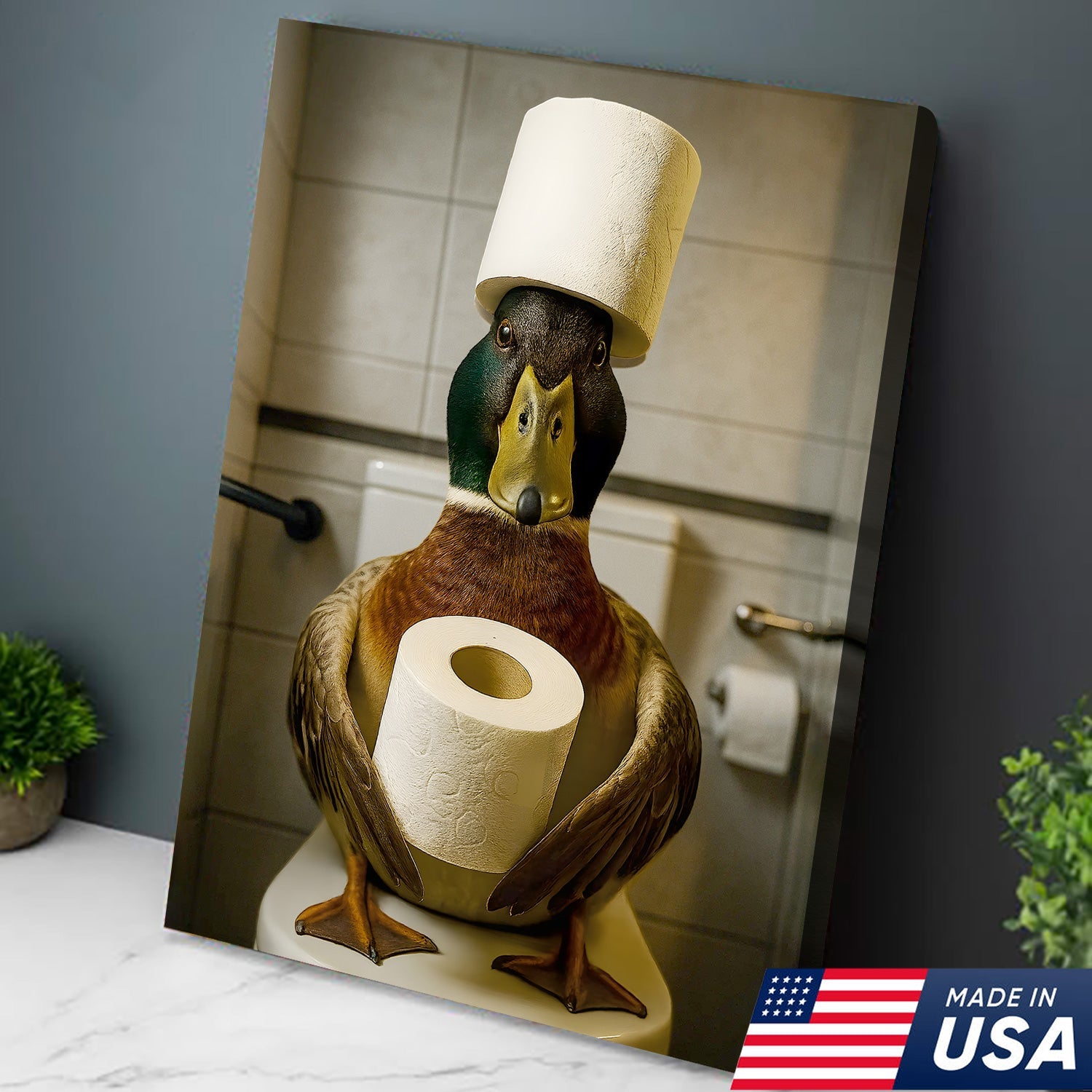 Funny Duck Bathroom Canvas Wall Art – Rustic Toilet Canvas for Cabin, Lodge & Man Cave Decor