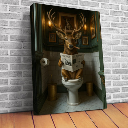 Funny Deer on Toilet Canvas Art – Stylish Animal Wall Art with Smoking and Wall Street Newspaper