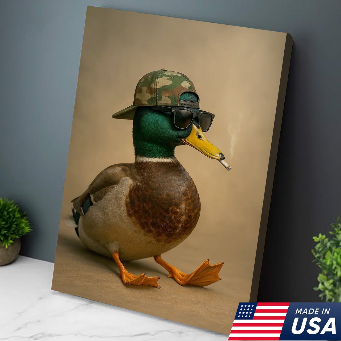 Cool Mallard Duck with Camo Hat Wall Art – Funny Hunting Canvas Print