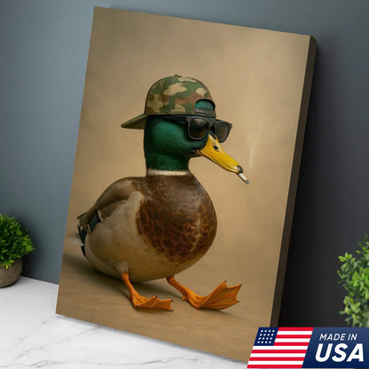 Cool Mallard Duck with Camo Hat Wall Art – Funny Hunting Canvas Print