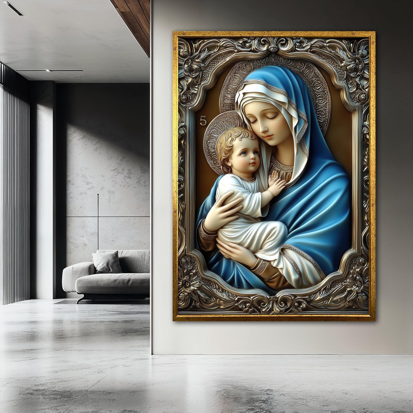 Blessed Virgin Mary and Baby Jesus Canvas Painting, Catholic Wall Art