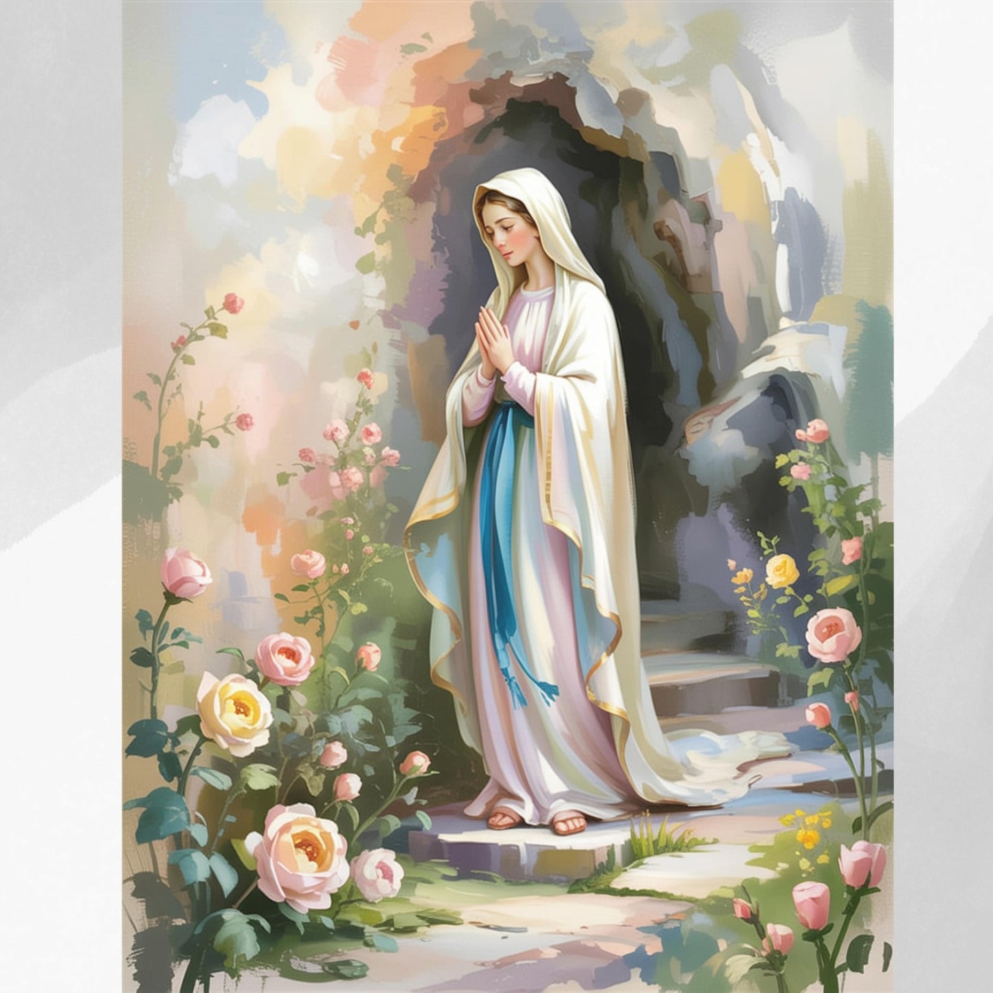 Virgin Mary Art Print: Serene Floral Catholic Home Decor Wall Art