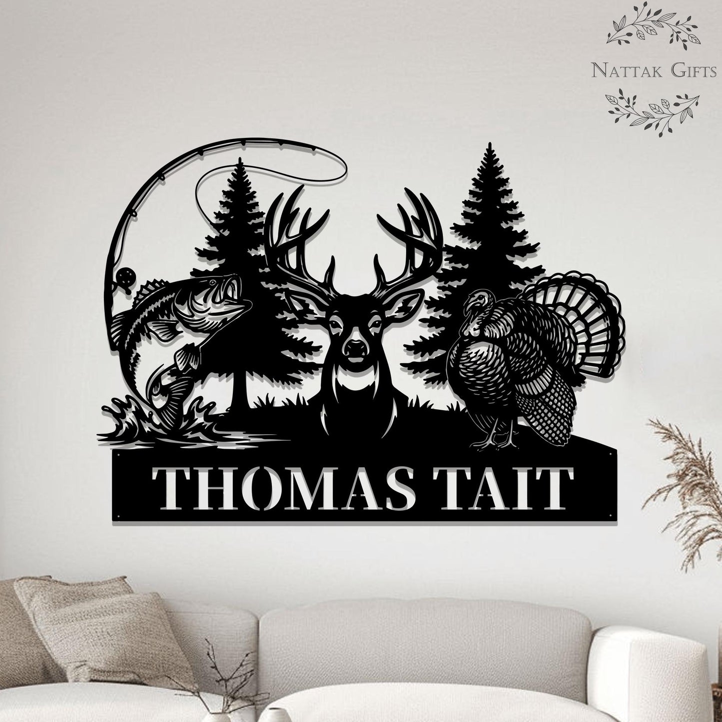 Personalized Hunting Name Metal Sign, Custom Deer Turkey & Bass Fishing Wall Art
