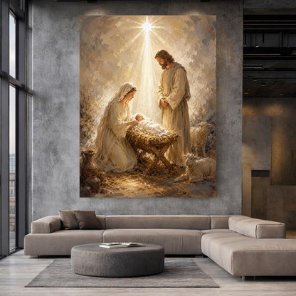 Nativity Scene Canvas Print, Holy Family Christian Wall Art, Neutral Religious Wall Decor