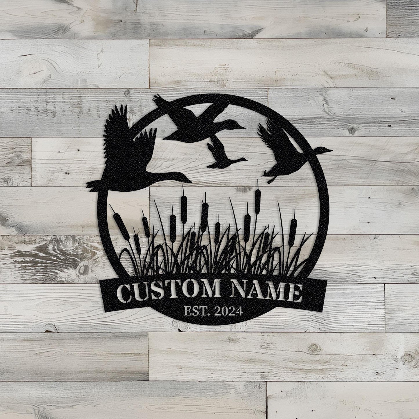 Personalized Flying Mallard Duck Metal Sign: Hunting Cabin Decor