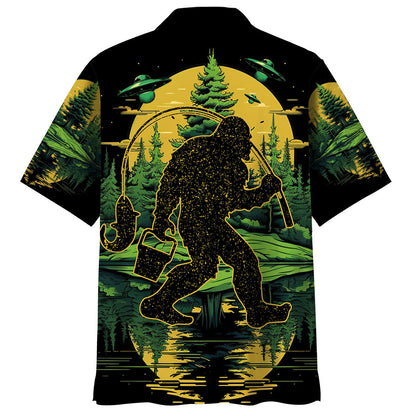 Bigfoot Fishing Green Alien Forest Hawaiian Shirt