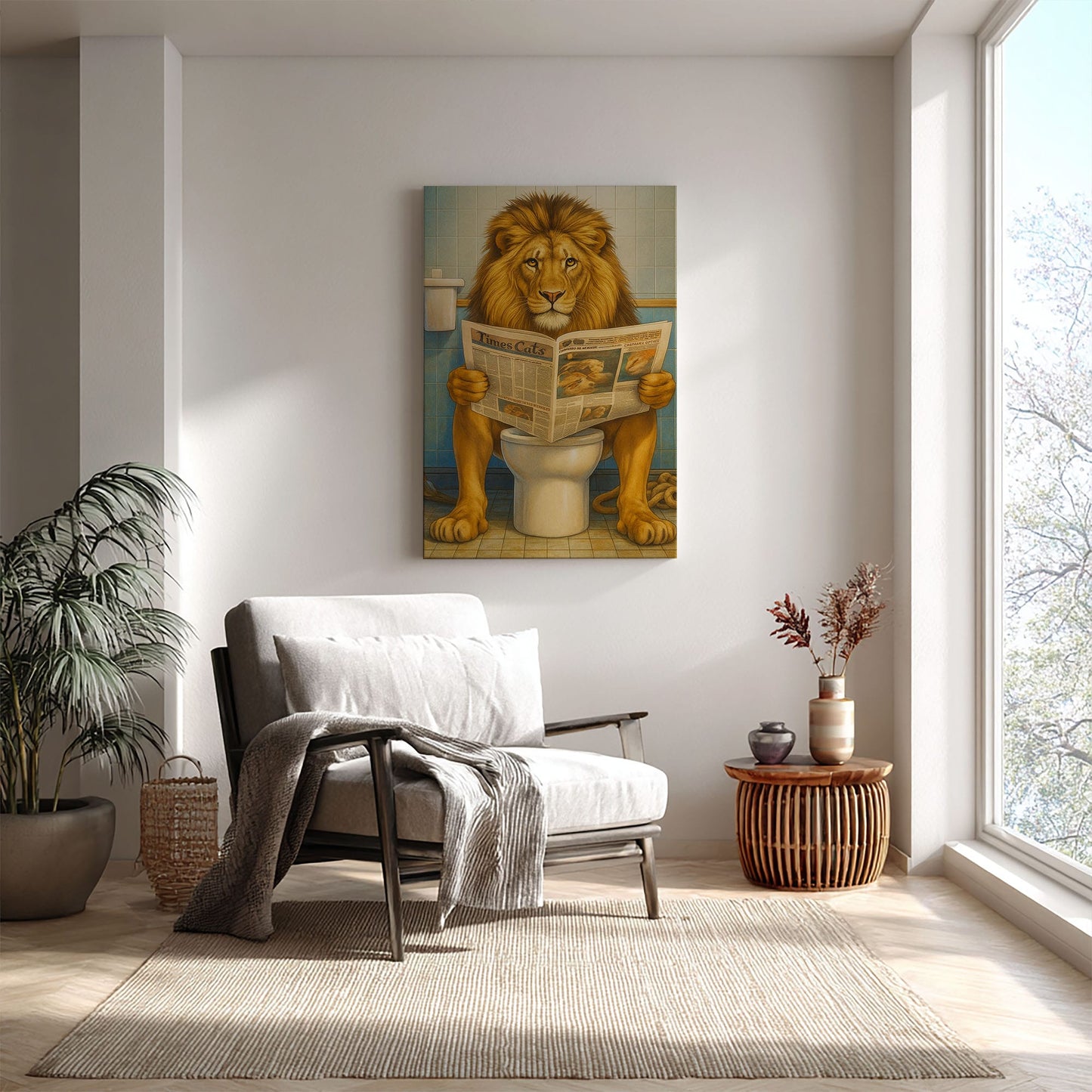 Funny Lion  Bath Canvas Wall Art Rustic Bathroom Decor for Cabin