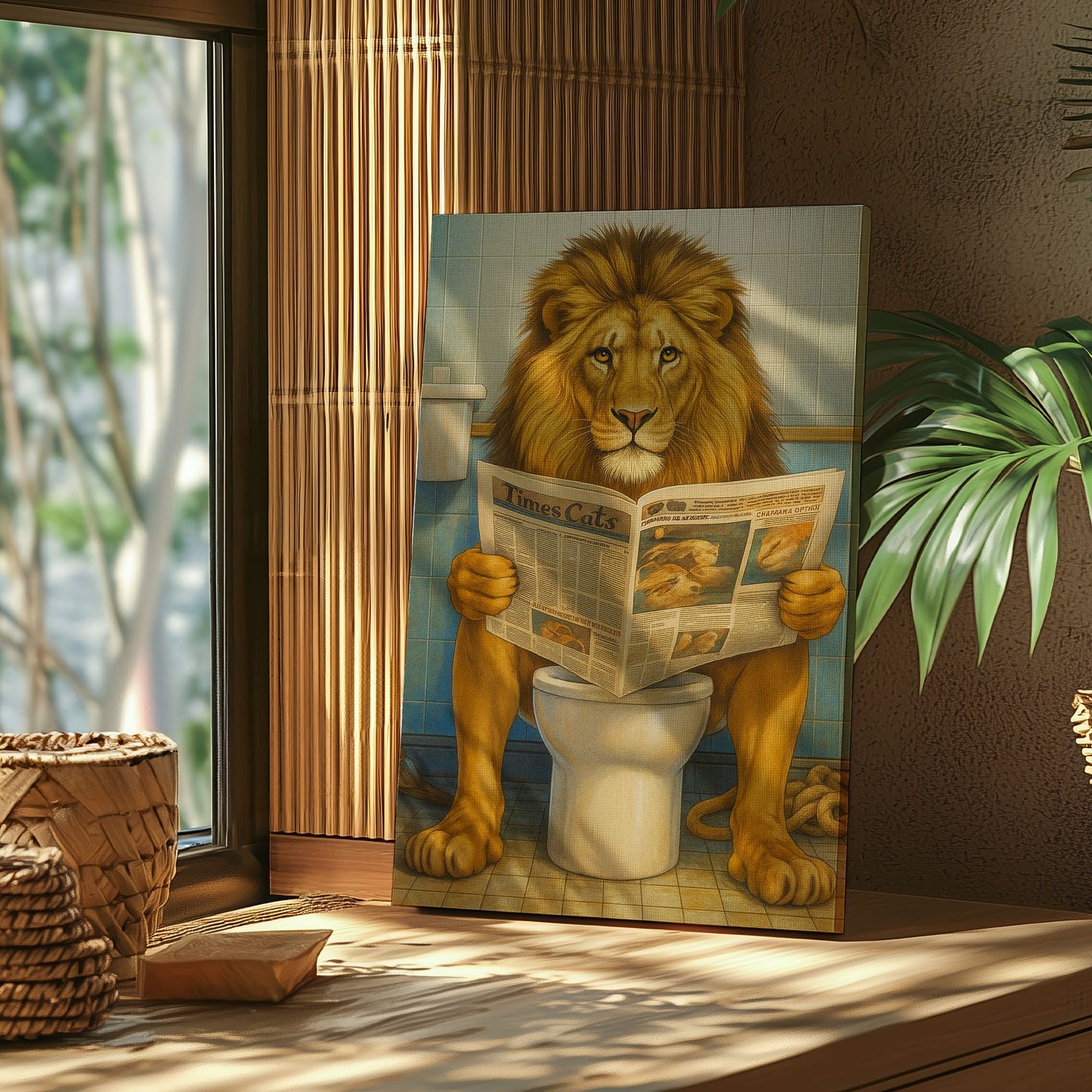 Funny Lion  Bath Canvas Wall Art Rustic Bathroom Decor for Cabin