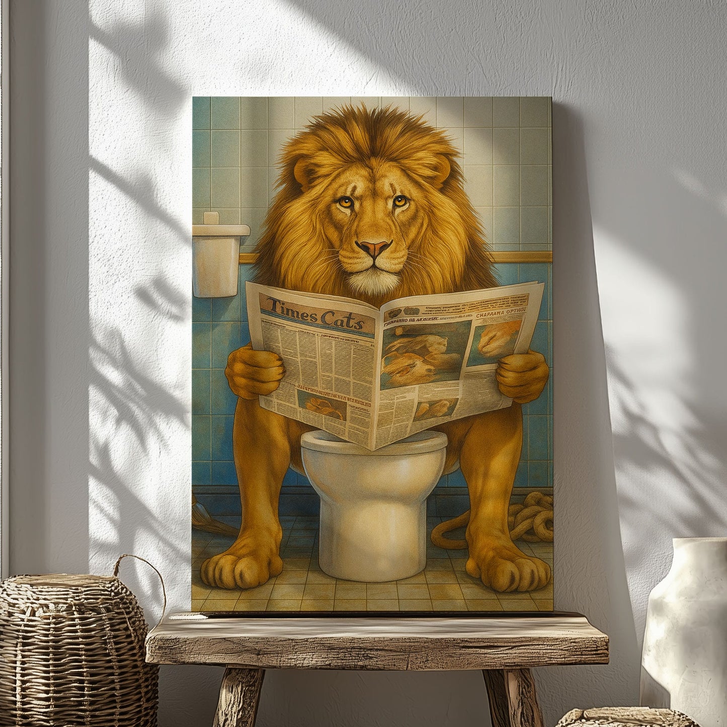 Funny Lion  Bath Canvas Wall Art Rustic Bathroom Decor for Cabin