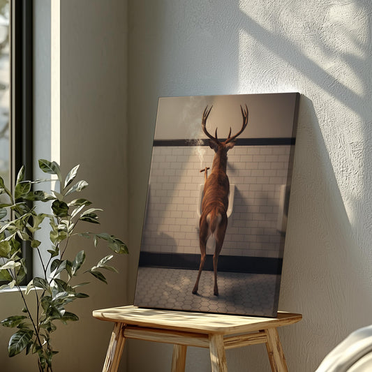 Funny Hunting Wall Art Canvas – Deer Smoking in Bathroom Print for Man Cave Decor & Gag Gift for Hunters