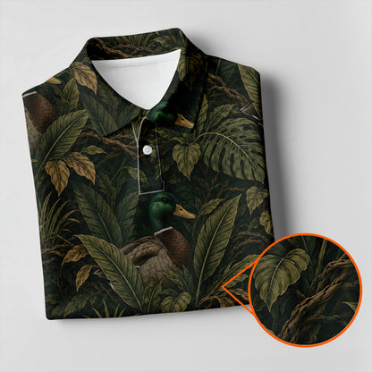 Mallard Duck Tropical Leaves Polo Shirt Dark Green Jungle Hunter Tee