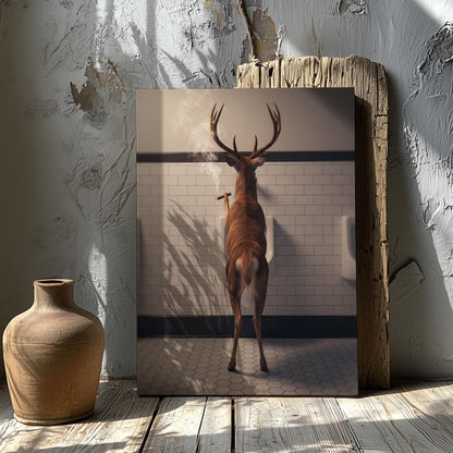 Funny Hunting Wall Art Canvas – Deer Smoking in Bathroom Print for Man Cave Decor & Gag Gift for Hunters