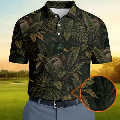 Mallard Duck Tropical Leaves Polo Shirt Dark Green Jungle Hunter Tee