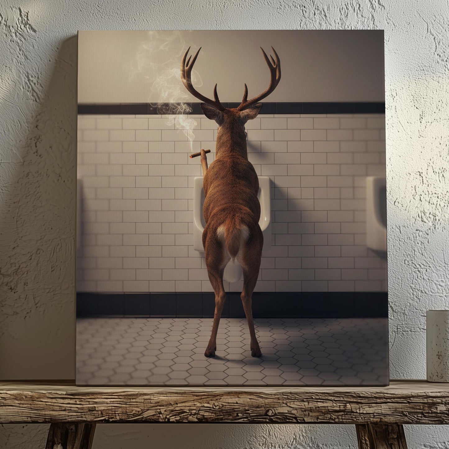 Funny Hunting Wall Art Canvas – Deer Smoking in Bathroom Print for Man Cave Decor & Gag Gift for Hunters