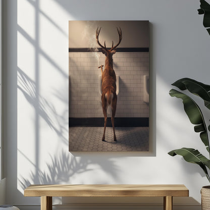 Funny Hunting Wall Art Canvas – Deer Smoking in Bathroom Print for Man Cave Decor & Gag Gift for Hunters