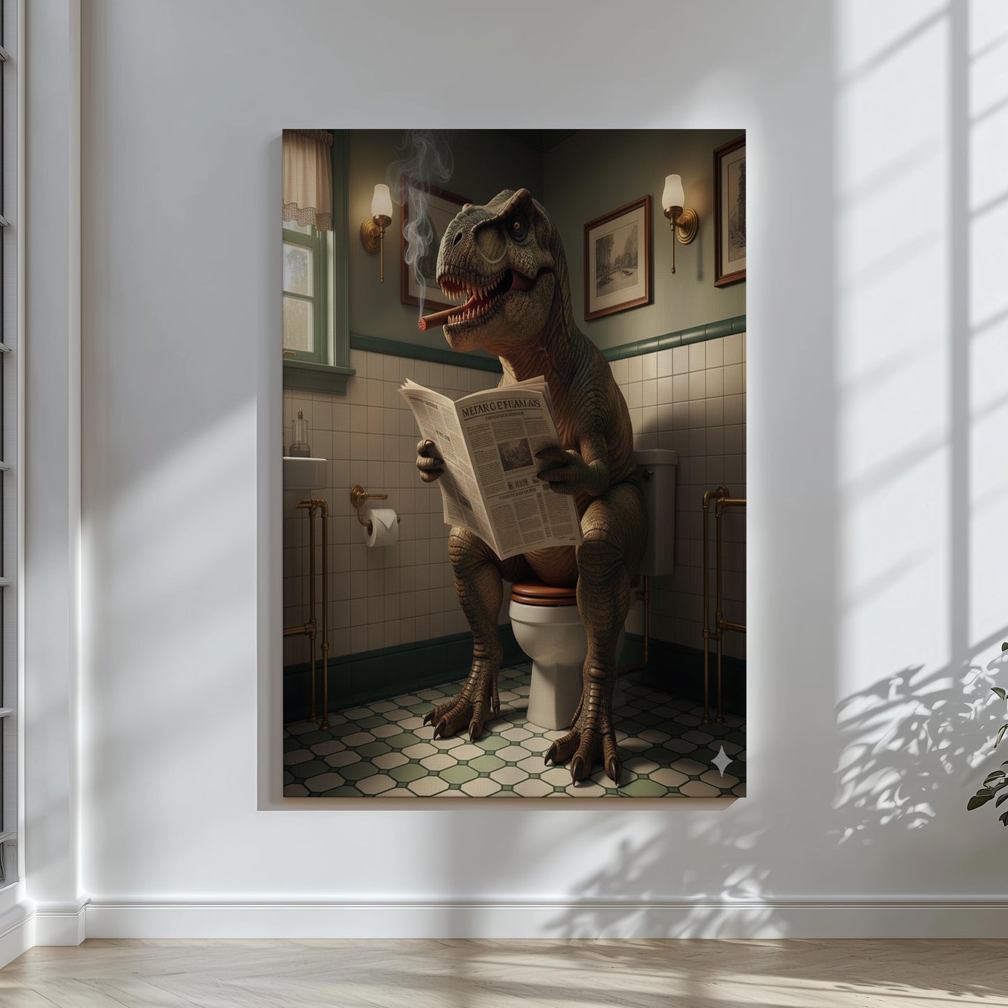 Funny Bathroom Wall Art Canvas – T-Rex Reading Newspaper Smoking Cigar Print for Man Cave Decor & Gag Gift for Men