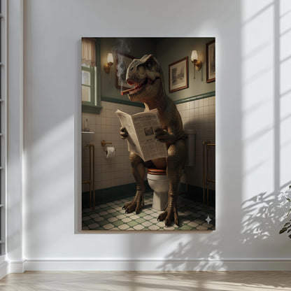 Funny Bathroom Wall Art Canvas – T-Rex Reading Newspaper Smoking Cigar Print for Man Cave Decor & Gag Gift for Men