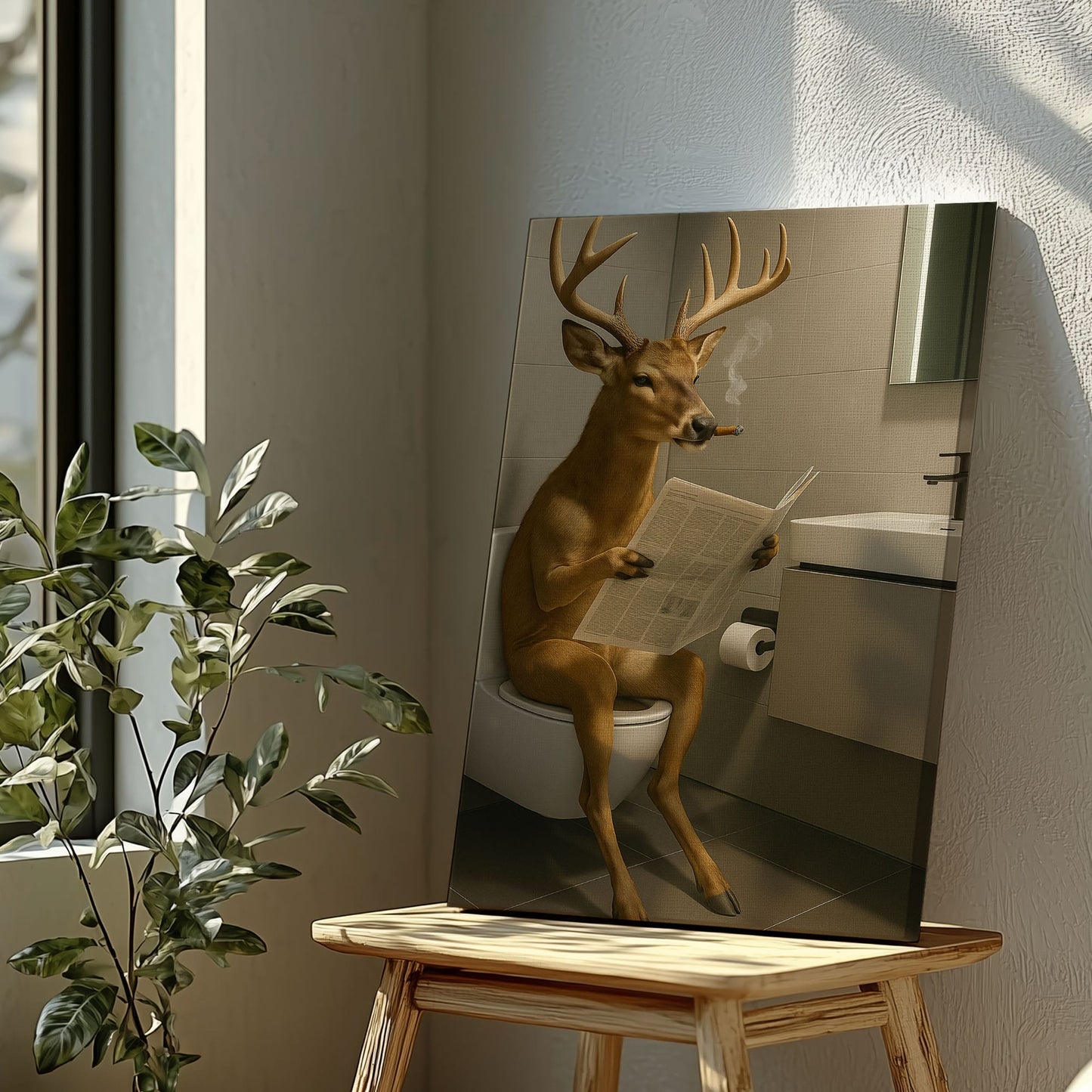 Deer on the Throne – Hilarious Cabin Bathroom Canvas Art