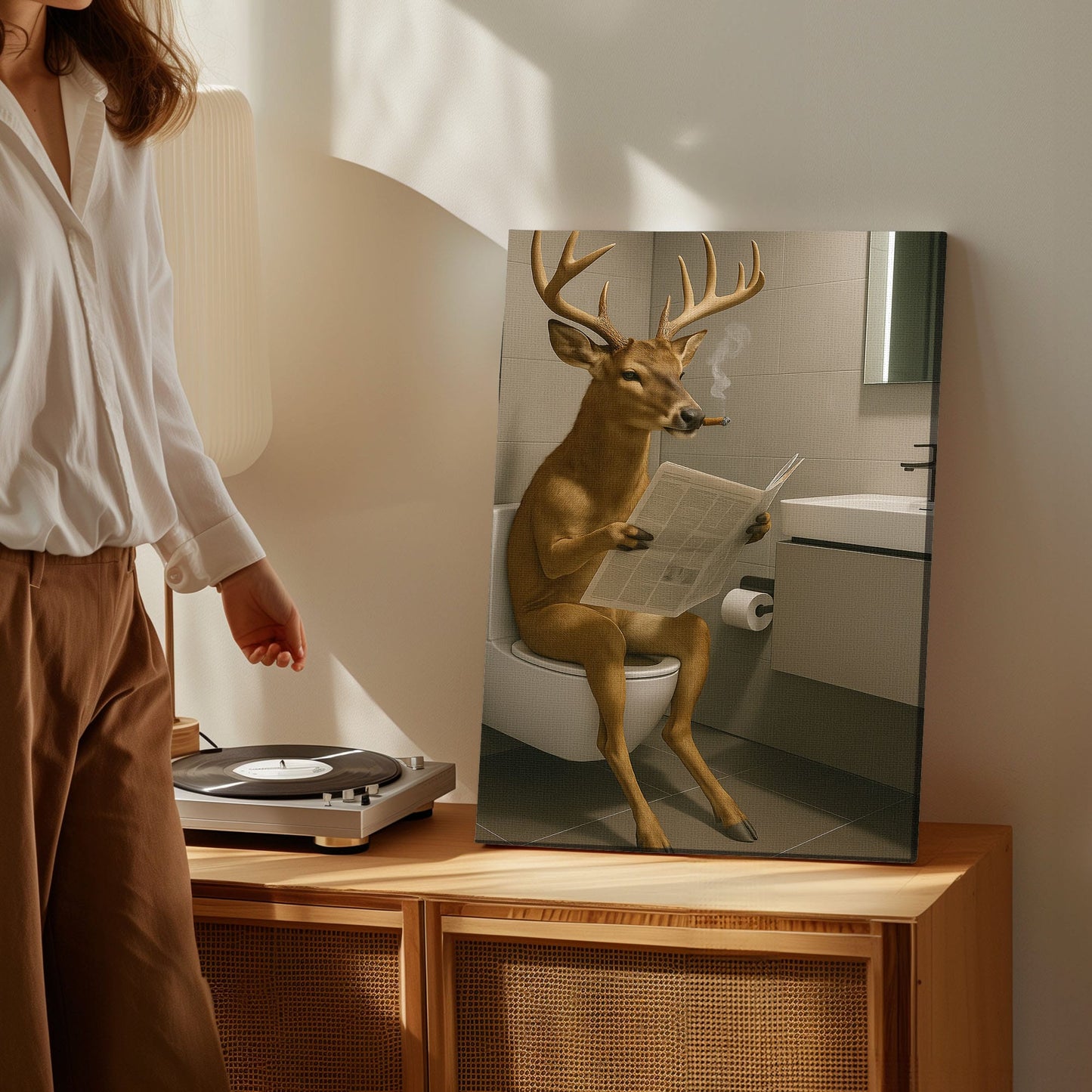 Deer on the Throne – Hilarious Cabin Bathroom Canvas Art