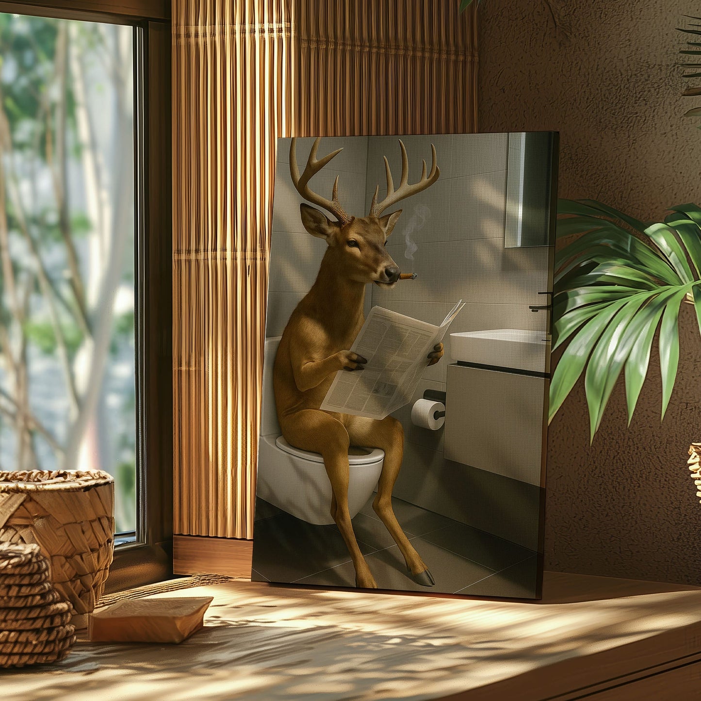 Deer on the Throne – Hilarious Cabin Bathroom Canvas Art