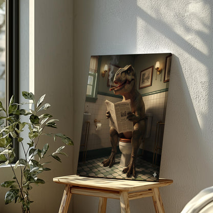 Funny Bathroom Wall Art Canvas – T-Rex Reading Newspaper Smoking Cigar Print for Man Cave Decor & Gag Gift for Men