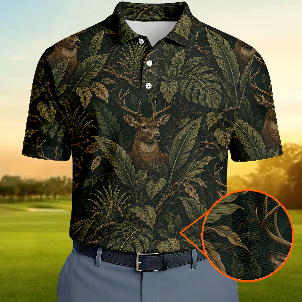Men's Deer In Dark Tropical Leaves Polo Shirt Jungle Forest Hunter