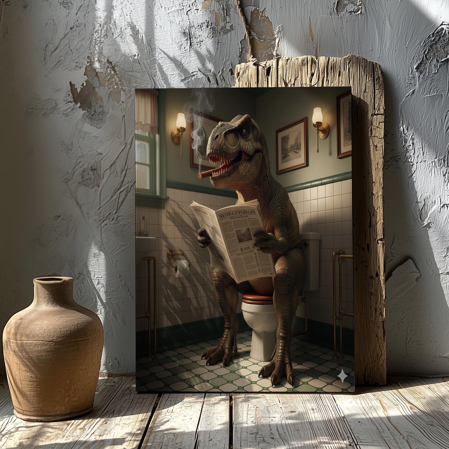 Funny Bathroom Wall Art Canvas – T-Rex Reading Newspaper Smoking Cigar Print for Man Cave Decor & Gag Gift for Men