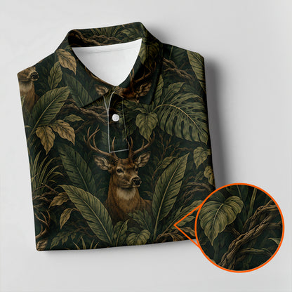 Men's Deer In Dark Tropical Leaves Polo Shirt Jungle Forest Hunter