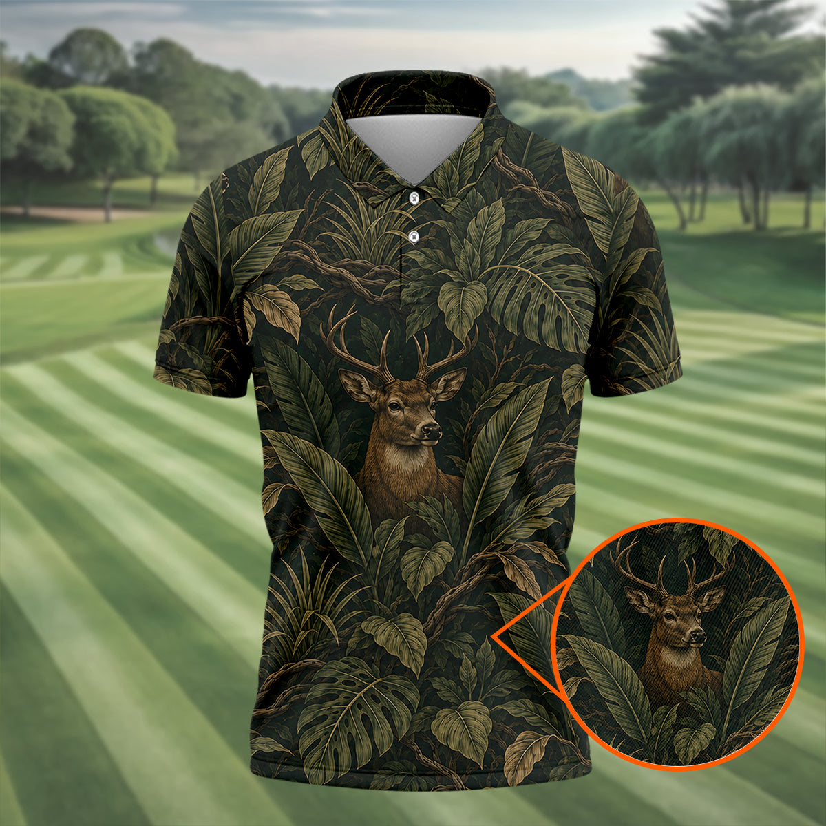 Men's Deer In Dark Tropical Leaves Polo Shirt Jungle Forest Hunter
