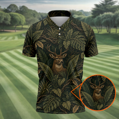 Men's Deer In Dark Tropical Leaves Polo Shirt Jungle Forest Hunter