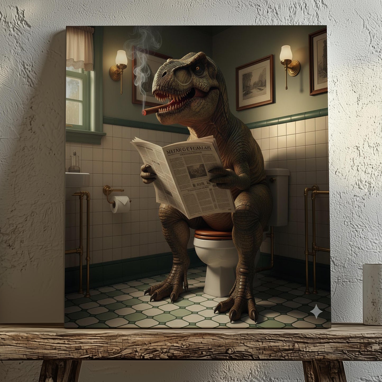 Funny Bathroom Wall Art Canvas – T-Rex Reading Newspaper Smoking Cigar Print for Man Cave Decor & Gag Gift for Men