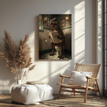 Funny Bathroom Wall Art Canvas – T-Rex Reading Newspaper Smoking Cigar Print for Man Cave Decor & Gag Gift for Men