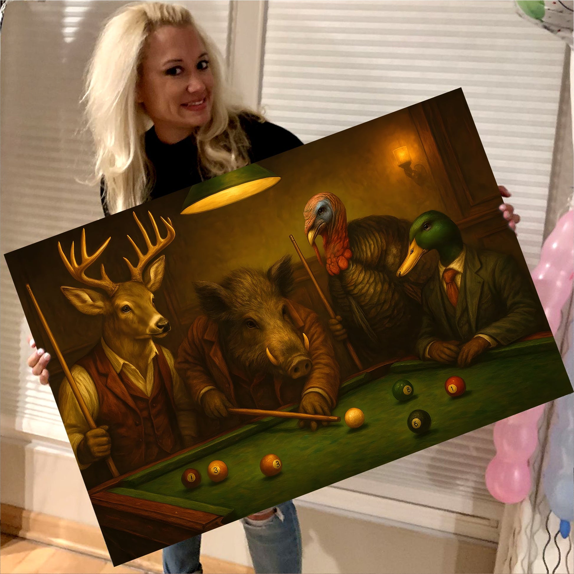 Hunter’s Billiard Crew Canvas Wall Art – Deer, Boar, Duck & Turkey Playing Pool – Rustic Hunting Cave