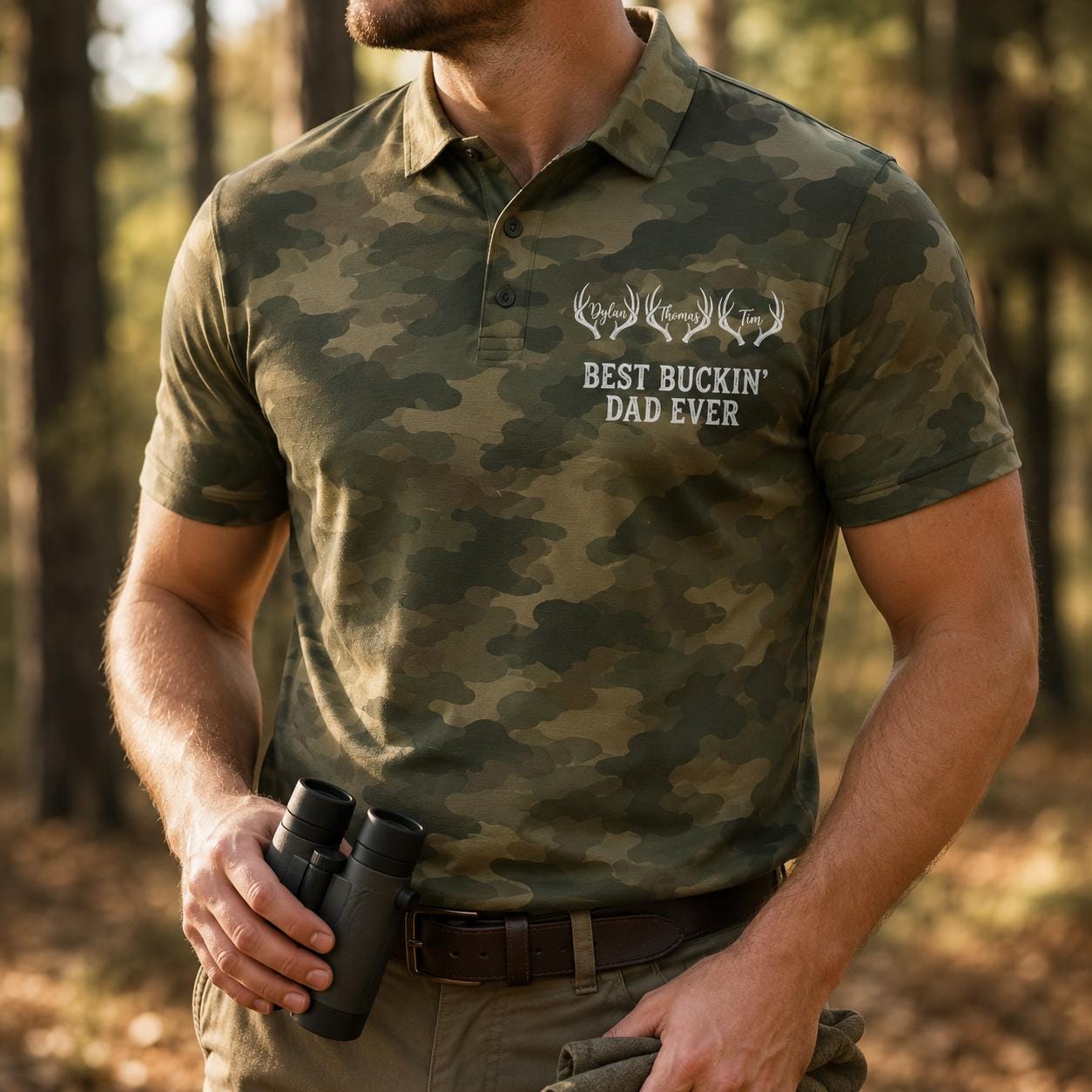 Personalized Hunting Polo Shirt Camouflage Print, Short Sleeve, Deer Antler Names
