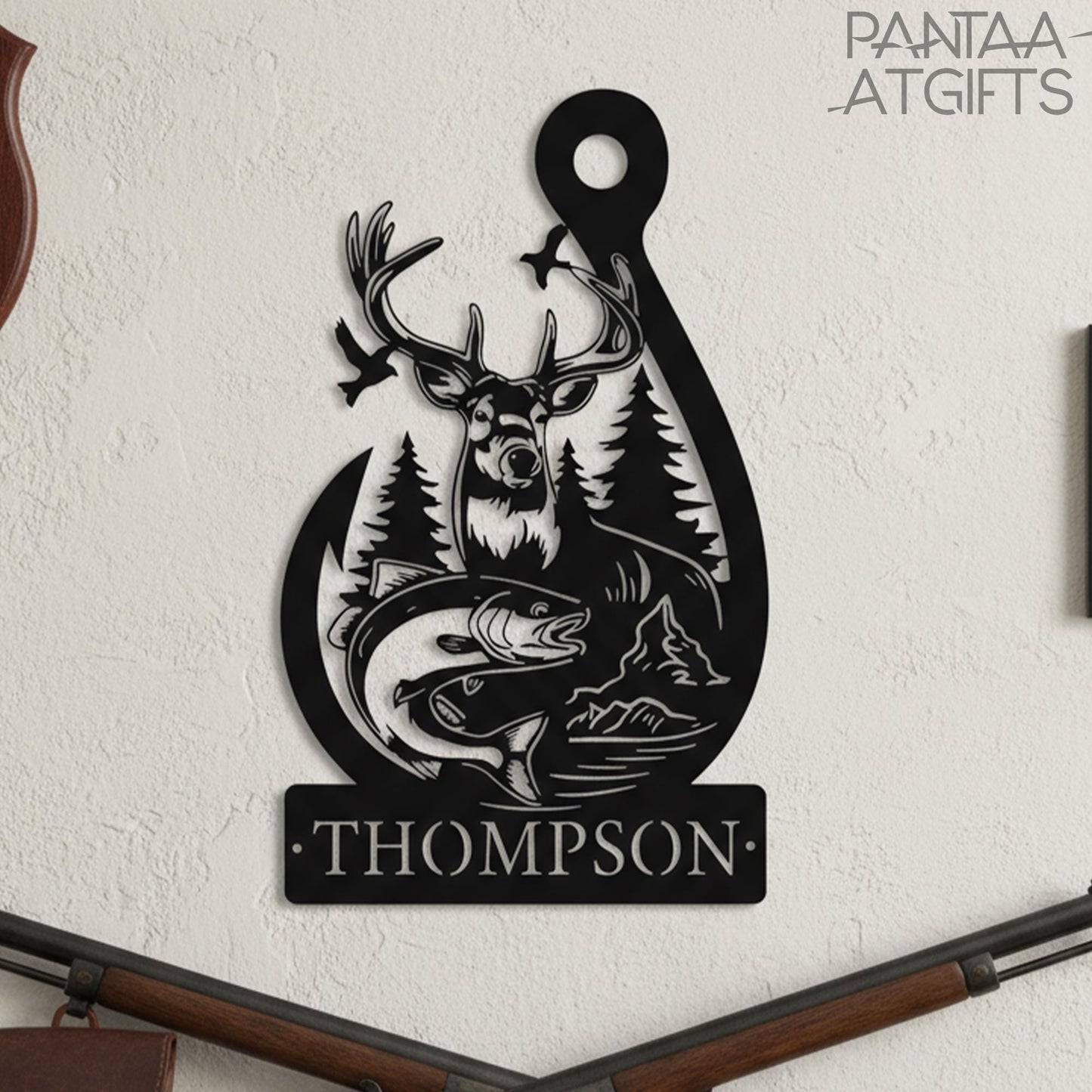 Personalized Deer & Fish Metal Sign, Family Name Outdoor Decor