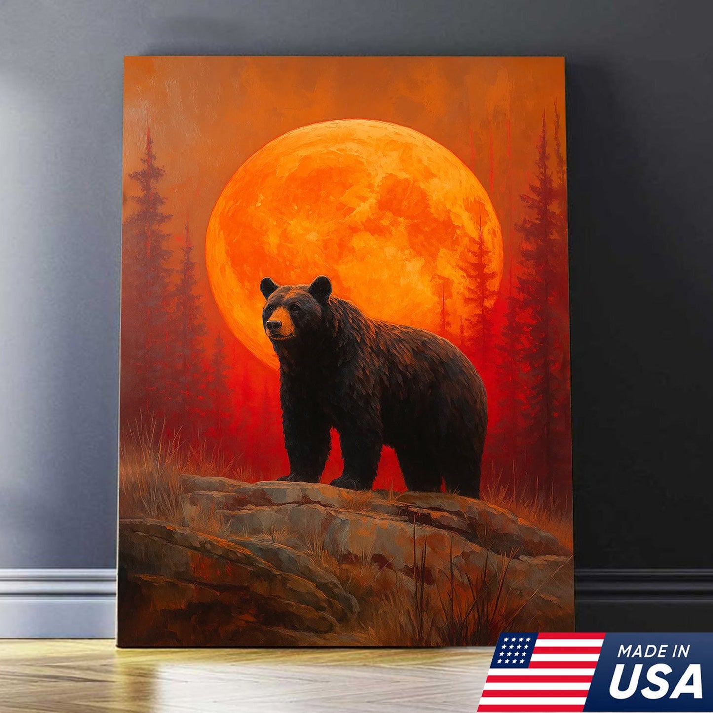 Bear Canvas Wall Art – Majestic Black Bear with Fiery Orange Full Moon