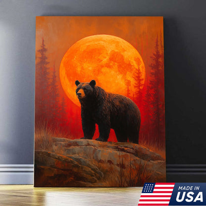 Bear Canvas Wall Art – Majestic Black Bear with Fiery Orange Full Moon