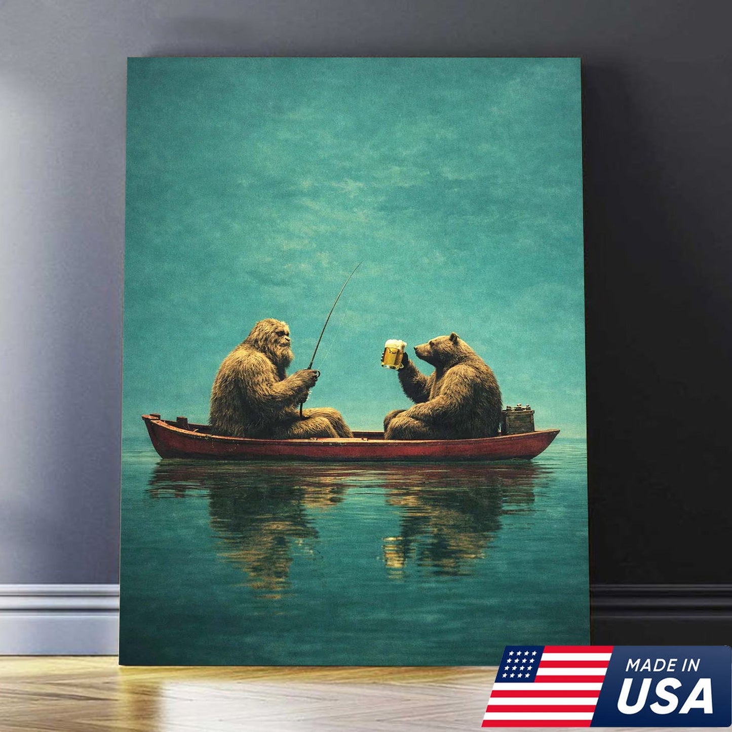 Whimsical Bear Fishing Canvas Wall Art, Surreal Animal Friendship Painting