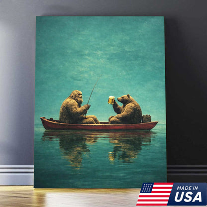 Whimsical Bear Fishing Canvas Wall Art, Surreal Animal Friendship Painting