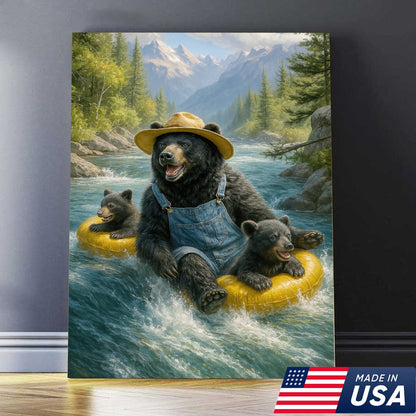 Bear River Adventure Canvas Wall Art – Cute Bear Family Wall Decor for Cabin & Nature Lovers