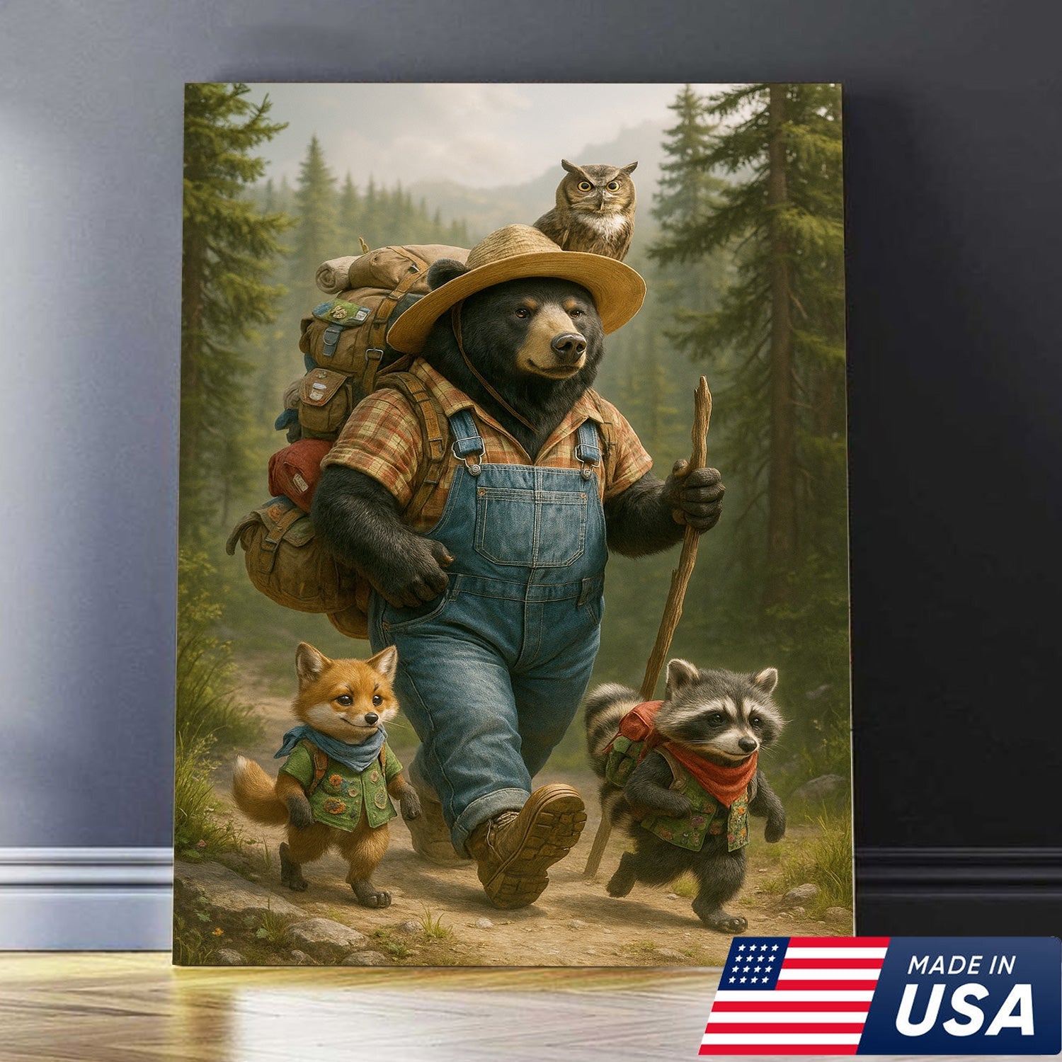 Bear Hiking Adventure Canvas Art – Cute Woodland Animal Wall Decor for Cabin & Home