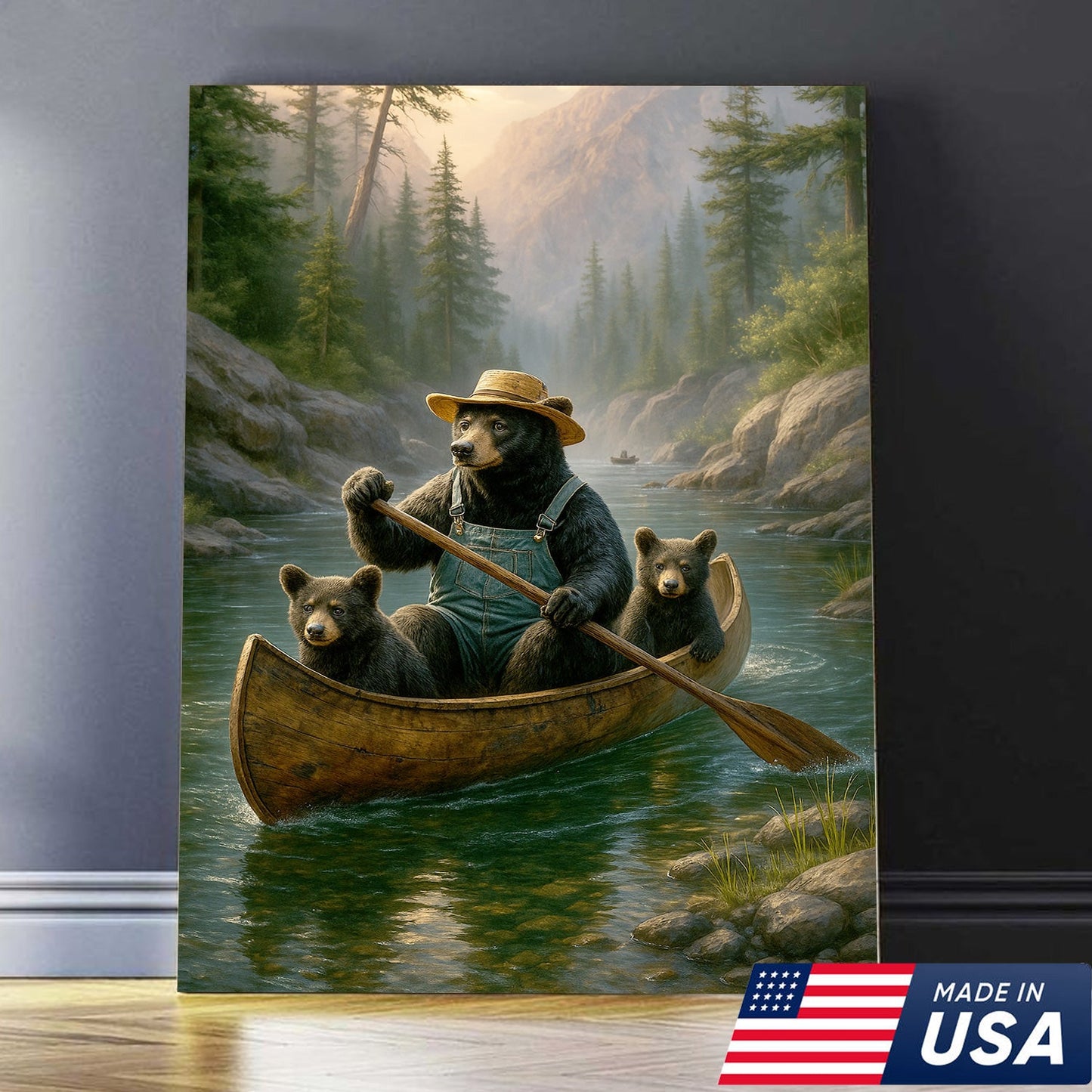 Bear Family Canoe Adventure Canvas Wall Art – Rustic Wildlife Wall Decor for Cabin & Home