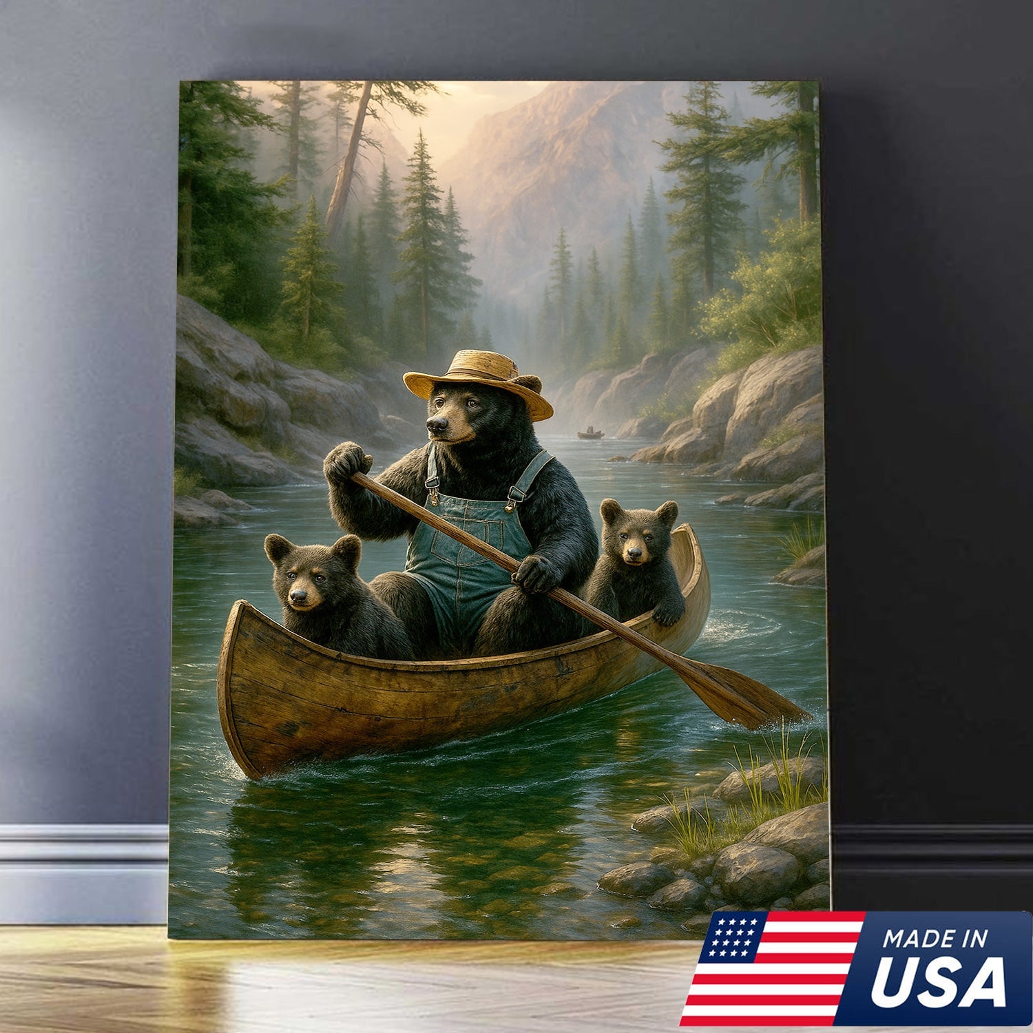 Bear Family Canoe Adventure Canvas Wall Art – Rustic Wildlife Wall Decor for Cabin & Home