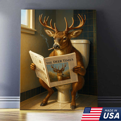 Funny Deer Canvas Wall Art – Buck Reading Newspaper on Toilet – Whitetail Deer Bathroom