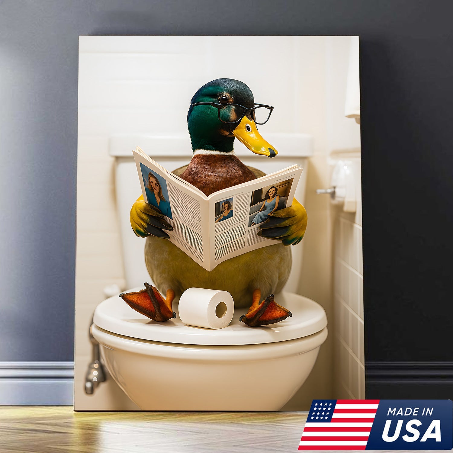 Funny Duck Bathroom Canvas Wall Art – Unique Gift for Hunters, Wildlife Lovers & Cabin Decor